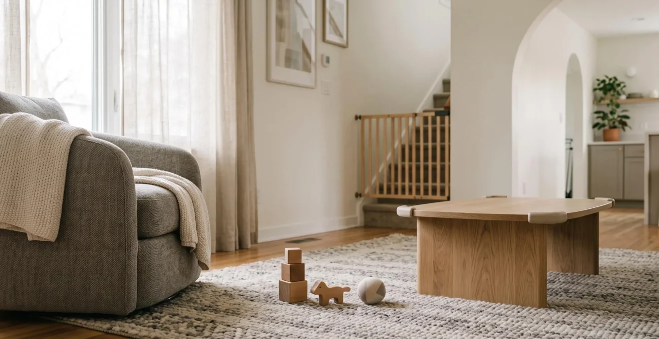 Intérieur familial chaleureux et sécurisé illustrant les aménagements qui préviennent les chutes des jeunes enfants