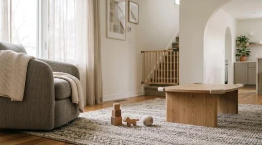 Intérieur familial chaleureux et sécurisé illustrant les aménagements qui préviennent les chutes des jeunes enfants