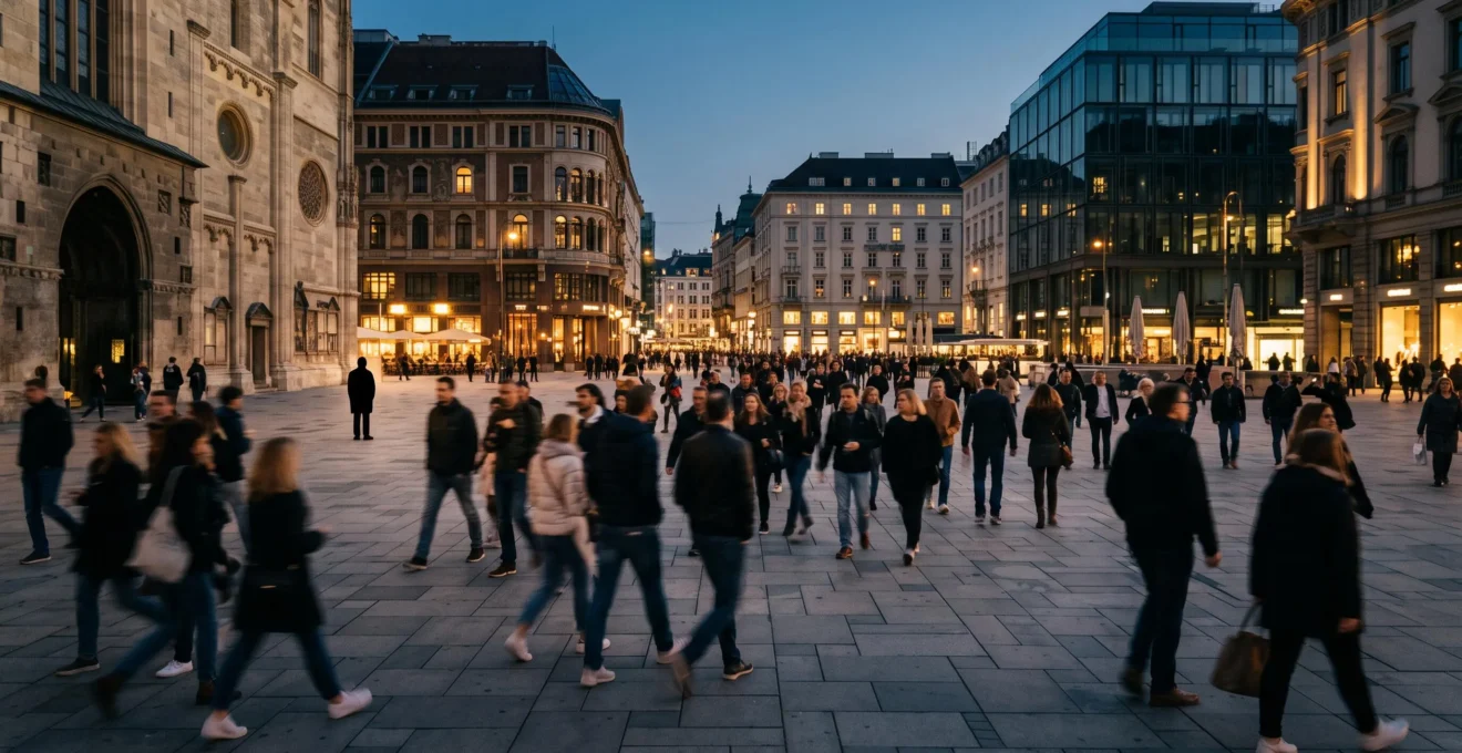 Une foule dans un espace urbain animé, avec une silhouette isolée dont l'attitude tranche avec le flux normal des passants, illustrant la détection d'une menace potentielle.