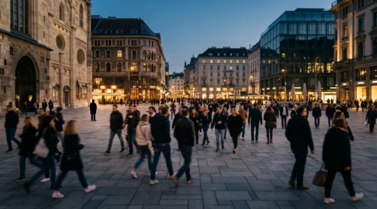 Une foule dans un espace urbain animé, avec une silhouette isolée dont l'attitude tranche avec le flux normal des passants, illustrant la détection d'une menace potentielle.
