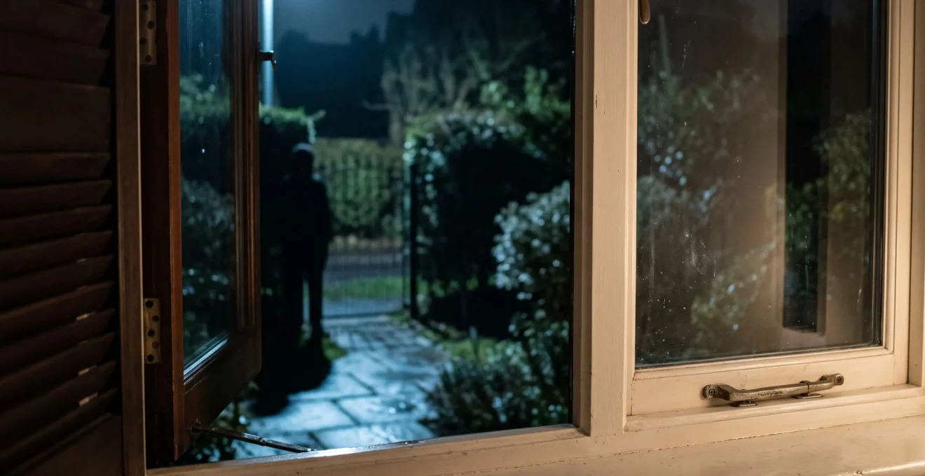 Photographie editoriale illustrant la tension entre fausse alerte et vraie intrusion, avec une maison dans la penombre observee depuis l'interieur