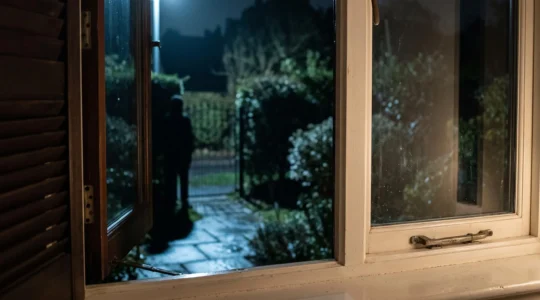 Photographie editoriale illustrant la tension entre fausse alerte et vraie intrusion, avec une maison dans la penombre observee depuis l'interieur