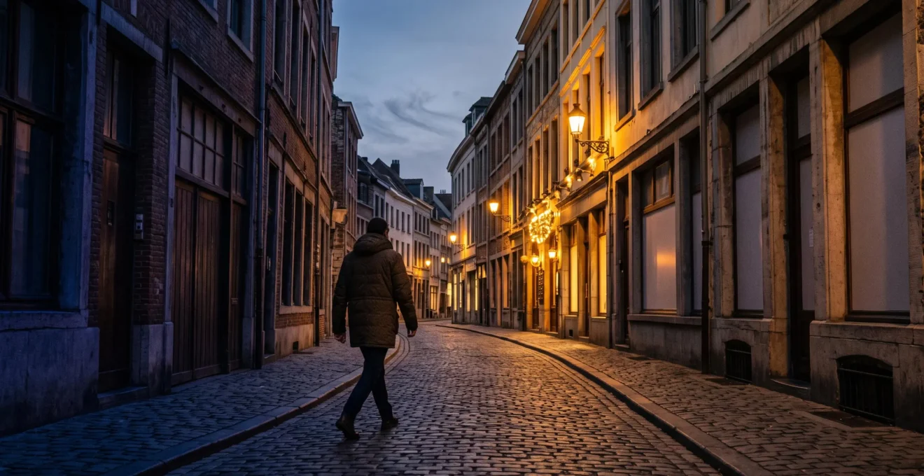 Rue urbaine au crépuscule illustrant la frontière entre une zone éclairée et sécurisée et une zone sombre et isolée