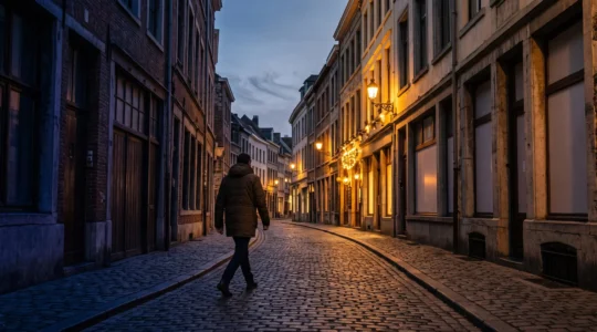 Rue urbaine au crépuscule illustrant la frontière entre une zone éclairée et sécurisée et une zone sombre et isolée