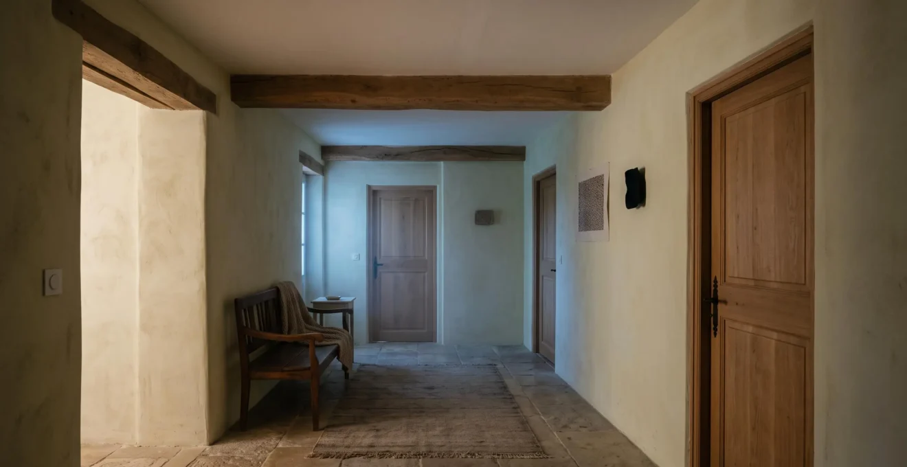 Intérieur d'une maison française plongée dans une lumière bleutée nocturne, évoquant la menace invisible du monoxyde de carbone pendant le sommeil