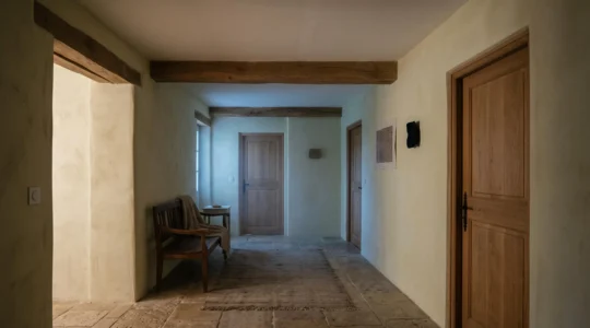 Intérieur d'une maison française plongée dans une lumière bleutée nocturne, évoquant la menace invisible du monoxyde de carbone pendant le sommeil