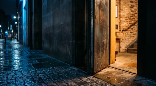 Porte blindée robuste en acier sombre, symbole de résistance et de sécurité pour l'habitat