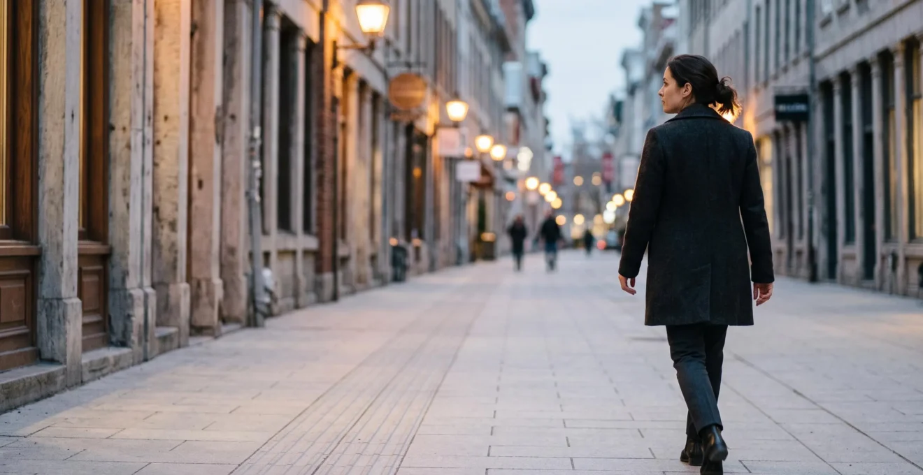 Une personne marchant avec une posture droite et assurée dans un espace urbain, illustrant la confiance corporelle comme facteur de sécurité