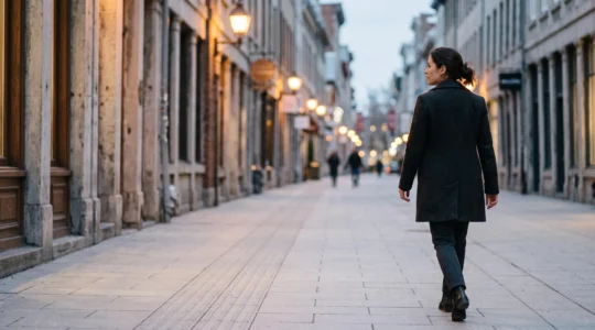 Une personne marchant avec une posture droite et assurée dans un espace urbain, illustrant la confiance corporelle comme facteur de sécurité
