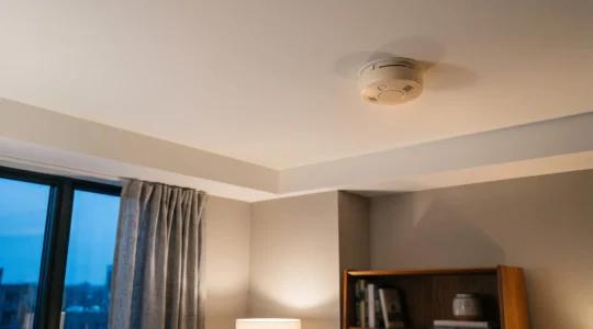 Détecteur de fumée installé au plafond d'un appartement moderne, symbole de protection contre l'incendie