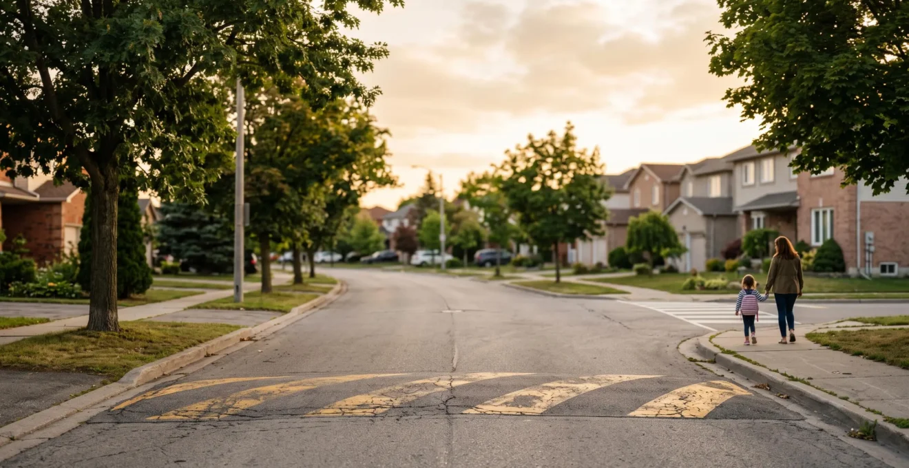 Vue large d'une rue résidentielle calme avec un ralentisseur surélevé au premier plan, symbole de la sécurité routière de proximité