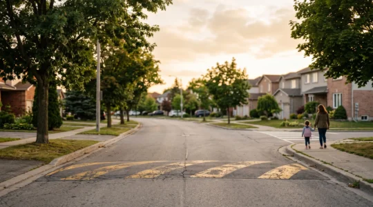 Vue large d'une rue résidentielle calme avec un ralentisseur surélevé au premier plan, symbole de la sécurité routière de proximité