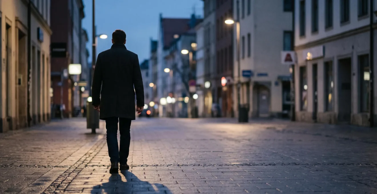 Silhouette d'une personne à la posture droite et assurée traversant une rue urbaine au crépuscule, incarnant la confiance et la maîtrise de son environnement