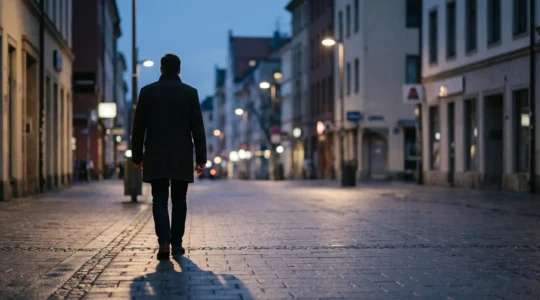 Silhouette d'une personne à la posture droite et assurée traversant une rue urbaine au crépuscule, incarnant la confiance et la maîtrise de son environnement