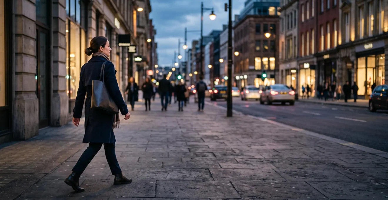 Silhouette d'une personne marchant avec une posture droite et confiante dans une rue urbaine au crépuscule