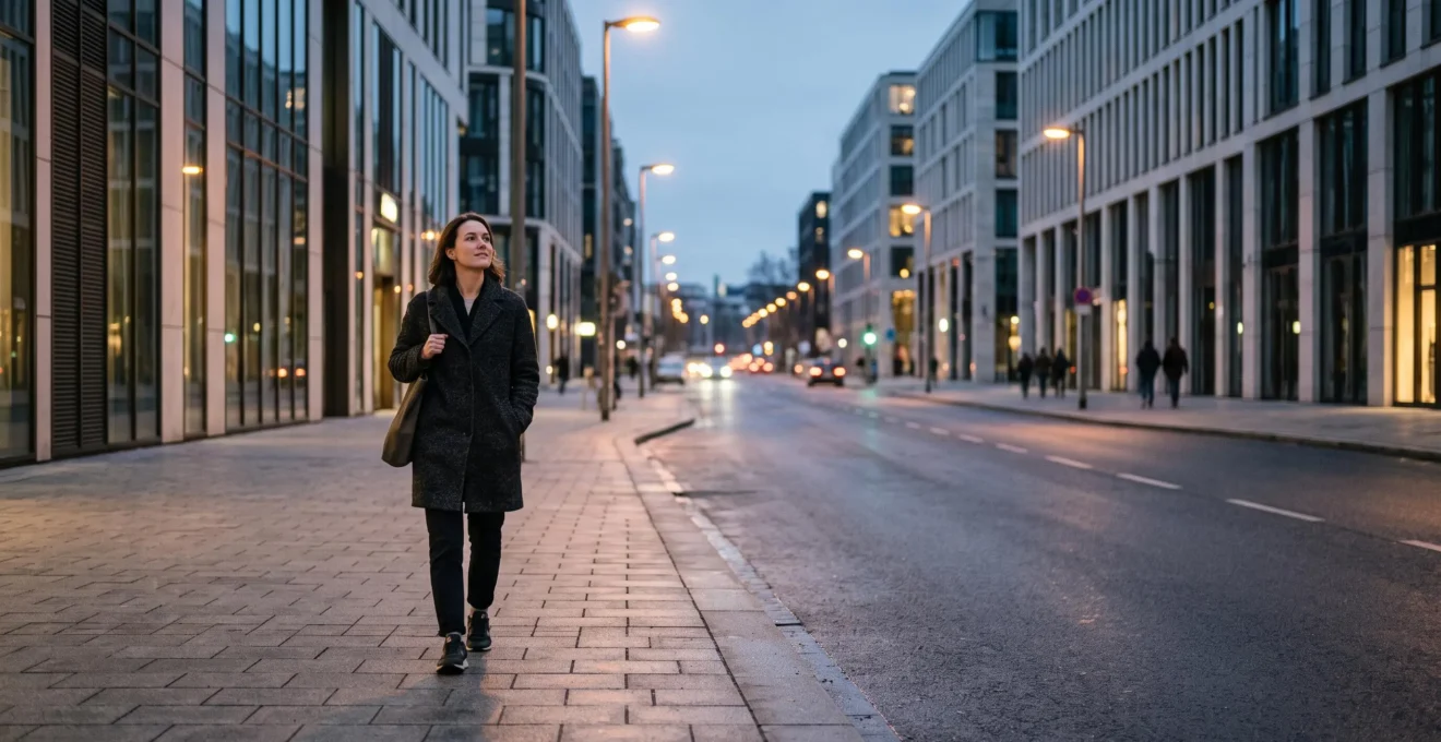 Silhouette d'une personne marchant avec assurance dans une rue urbaine en fin de journée, observant attentivement son environnement