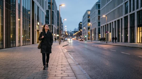 Silhouette d'une personne marchant avec assurance dans une rue urbaine en fin de journée, observant attentivement son environnement