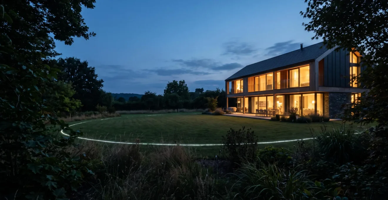 Maison individuelle de nuit avec une zone de detection lumineuse discrete tracee a dix metres de la facade