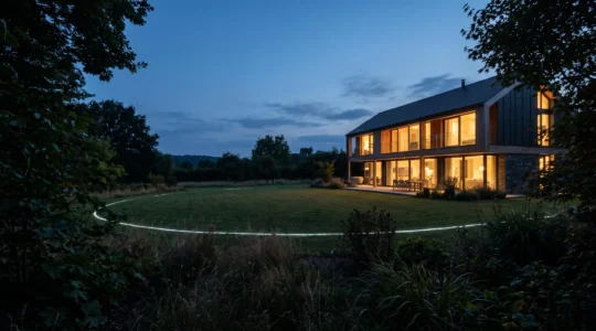 Maison individuelle de nuit avec une zone de detection lumineuse discrete tracee a dix metres de la facade