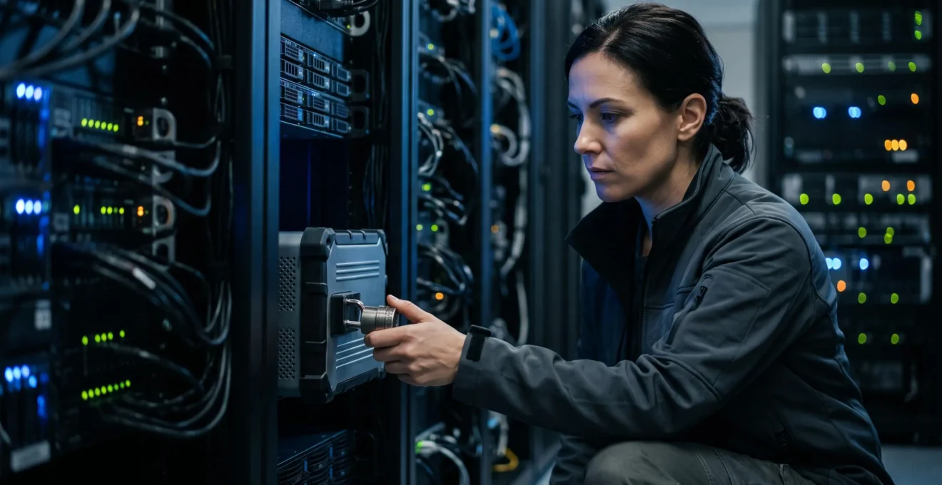 Un professionnel de la securite informatique protege physiquement des donnees critiques contre une attaque de ransomware dans une salle de serveurs.