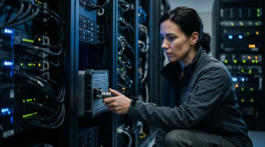 Un professionnel de la securite informatique protege physiquement des donnees critiques contre une attaque de ransomware dans une salle de serveurs.