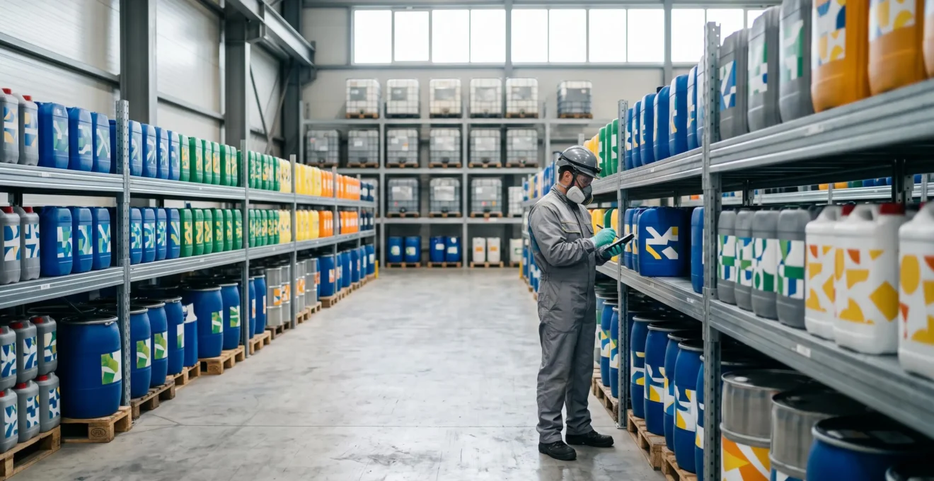 Vue d'ensemble d'un atelier industriel organisé où un opérateur manipule sereinement des contenants de produits chimiques dans un environnement sécurisé