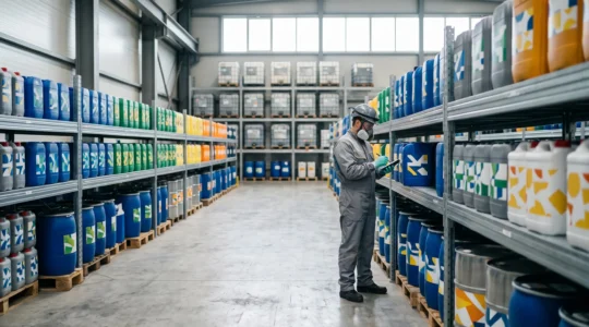 Vue d'ensemble d'un atelier industriel organisé où un opérateur manipule sereinement des contenants de produits chimiques dans un environnement sécurisé