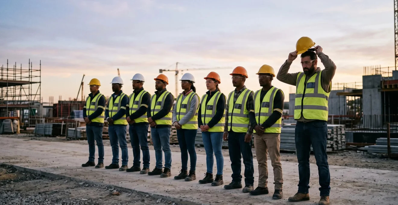 Groupe d'ouvriers sur un chantier portant des casques de sécurité, symbolisant la progression d'une campagne de prévention de six mois