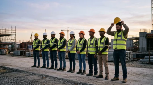 Groupe d'ouvriers sur un chantier portant des casques de sécurité, symbolisant la progression d'une campagne de prévention de six mois