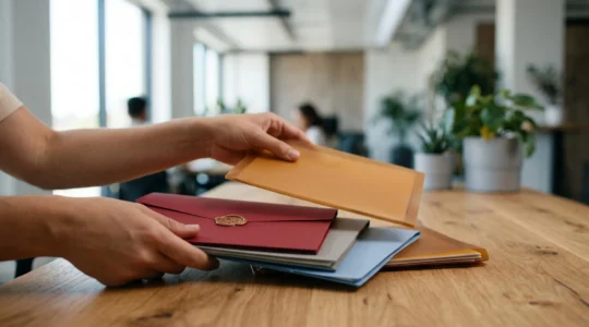 Mains organisant des dossiers colores symbolisant le tri de documents internes entre public et confidentiel