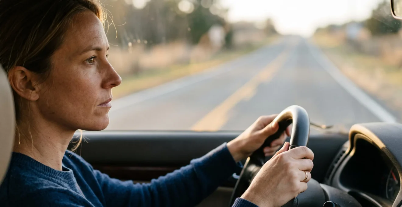 Portrait d'un conducteur concentré scrutant la route au loin pour anticiper un danger
