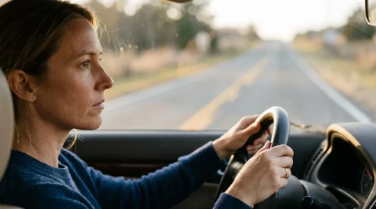 Portrait d'un conducteur concentré scrutant la route au loin pour anticiper un danger
