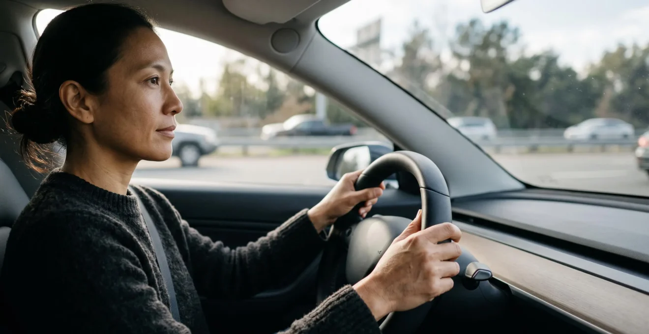 Portrait d'un conducteur calme et concentré, mains posées sereinement sur le volant, illustrant une attitude de conduite responsable