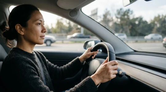 Portrait d'un conducteur calme et concentré, mains posées sereinement sur le volant, illustrant une attitude de conduite responsable