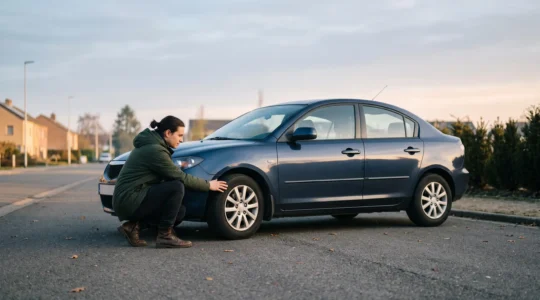 Conducteur inspectant methodiquement son vehicule avant un depart, lumiere matinale, ambiance de securite routiere