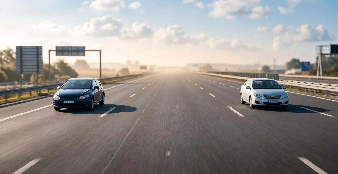 Deux véhicules maintenant une distance de sécurité généreuse sur une autoroute ensoleillée