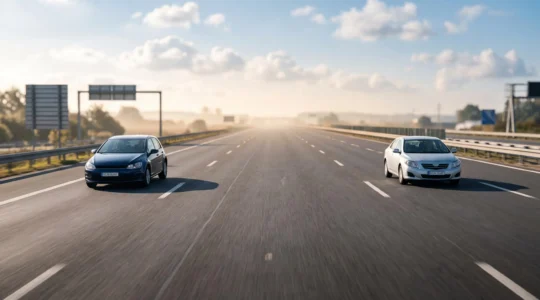 Deux véhicules maintenant une distance de sécurité généreuse sur une autoroute ensoleillée
