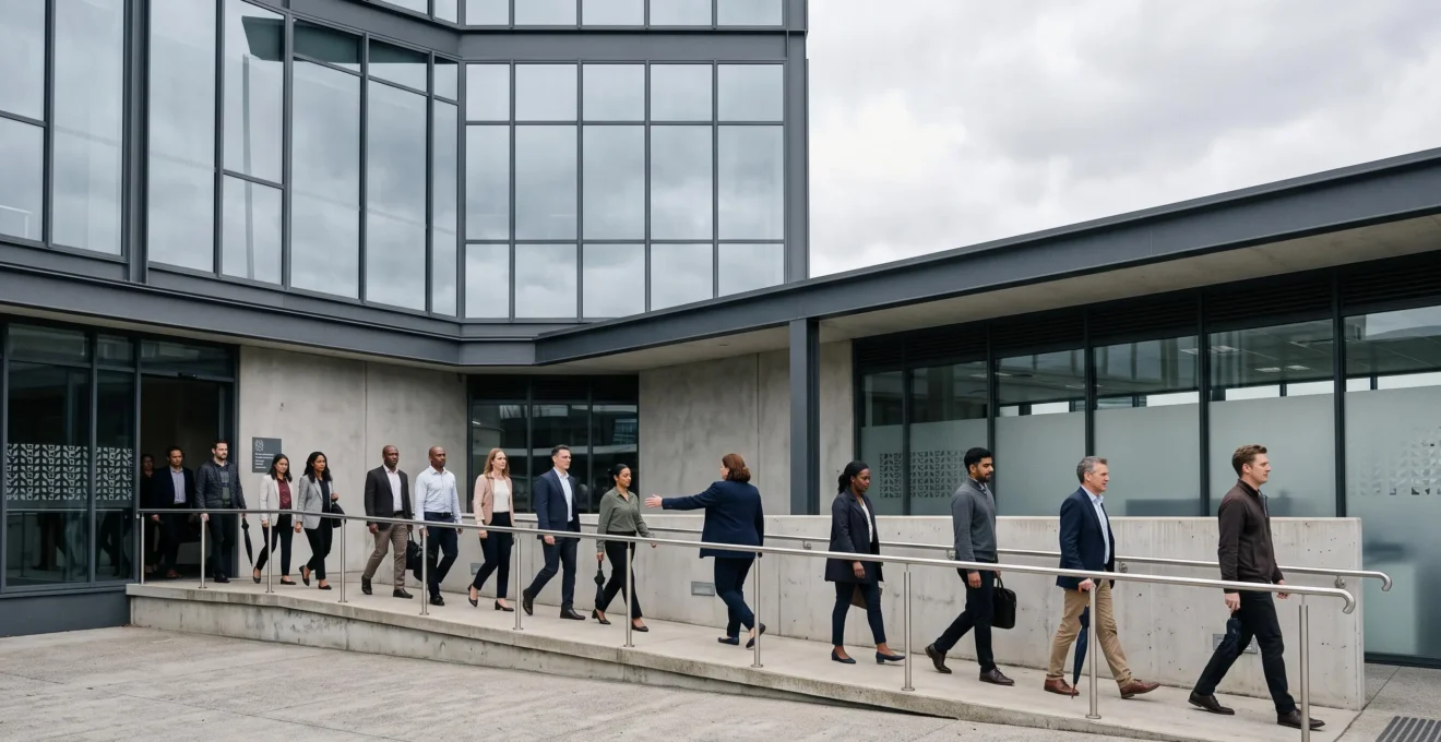 Salariés évacuant calmement un immeuble de bureaux moderne lors d'un exercice de sécurité incendie