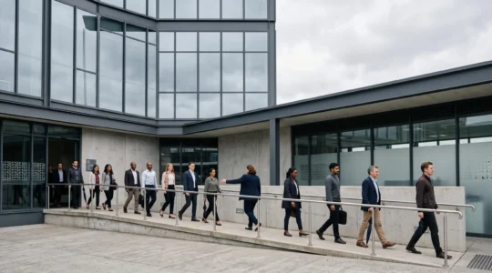 Salariés évacuant calmement un immeuble de bureaux moderne lors d'un exercice de sécurité incendie
