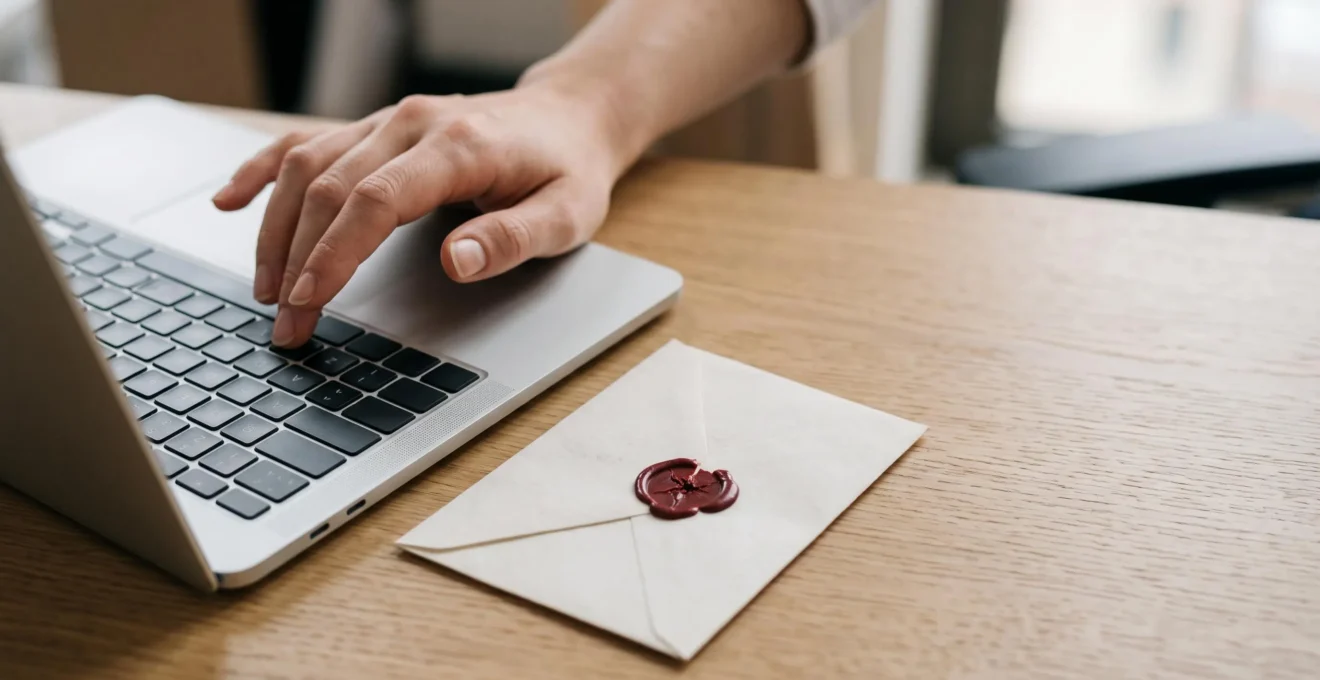Une main hésite au-dessus d'un clavier, à côté d'une enveloppe scellée de cire rouge fissurée, symbolisant le moment de décision face à un email de phishing