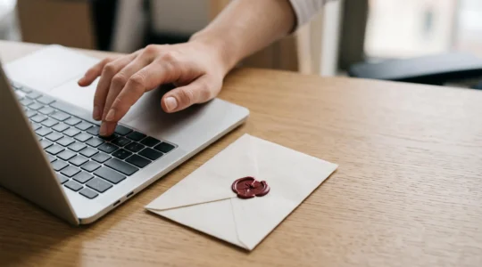 Une main hésite au-dessus d'un clavier, à côté d'une enveloppe scellée de cire rouge fissurée, symbolisant le moment de décision face à un email de phishing