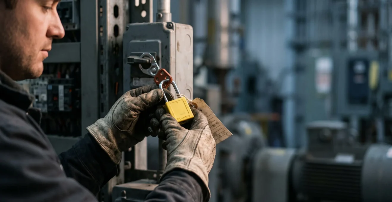 Mains d'un technicien plaçant un cadenas de consignation sur un dispositif de coupure électrique industrielle
