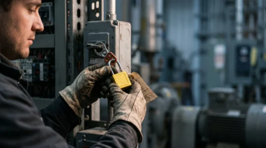 Mains d'un technicien plaçant un cadenas de consignation sur un dispositif de coupure électrique industrielle