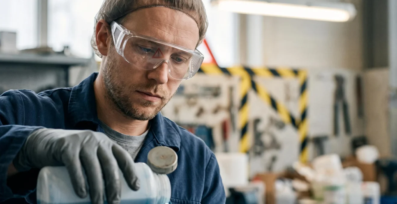 Portrait rapproché d'un opérateur industriel portant des lunettes de protection juste avant une manipulation de produit chimique
