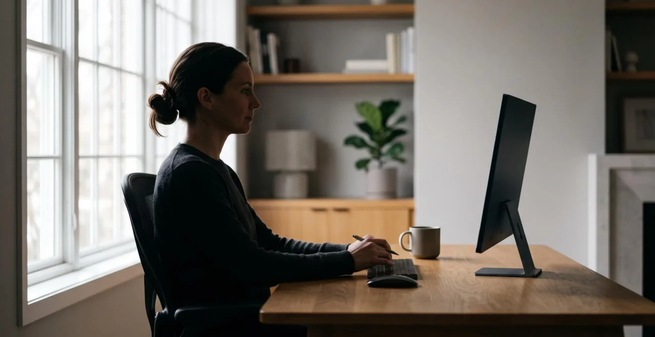 Silhouette de profil d'une personne assise dans une posture dorsale équilibrée face à un poste de travail, symbolisant l'équilibre postural recherché durant une journée de travail sur écran