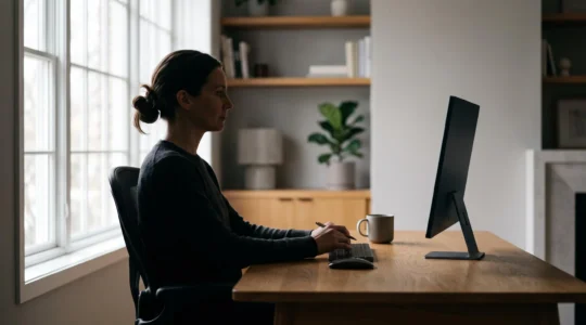 Silhouette de profil d'une personne assise dans une posture dorsale équilibrée face à un poste de travail, symbolisant l'équilibre postural recherché durant une journée de travail sur écran