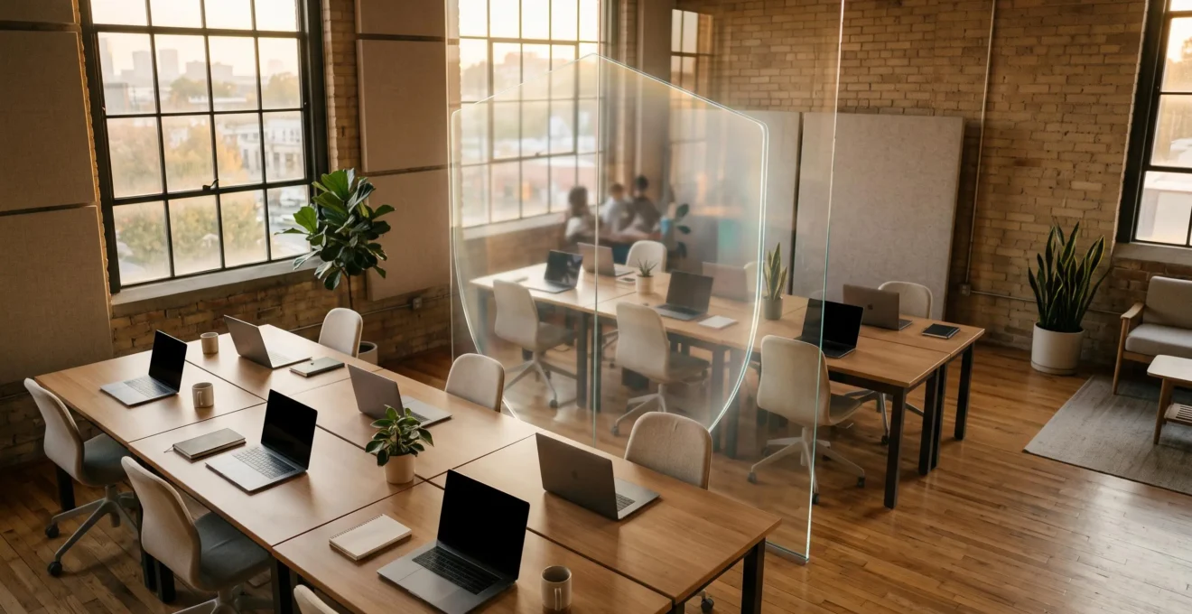 Bureau lumineux d'une petite entreprise avec un jeu d'ombre et de lumière symbolisant les couches de protection numérique