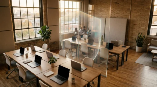Bureau lumineux d'une petite entreprise avec un jeu d'ombre et de lumière symbolisant les couches de protection numérique