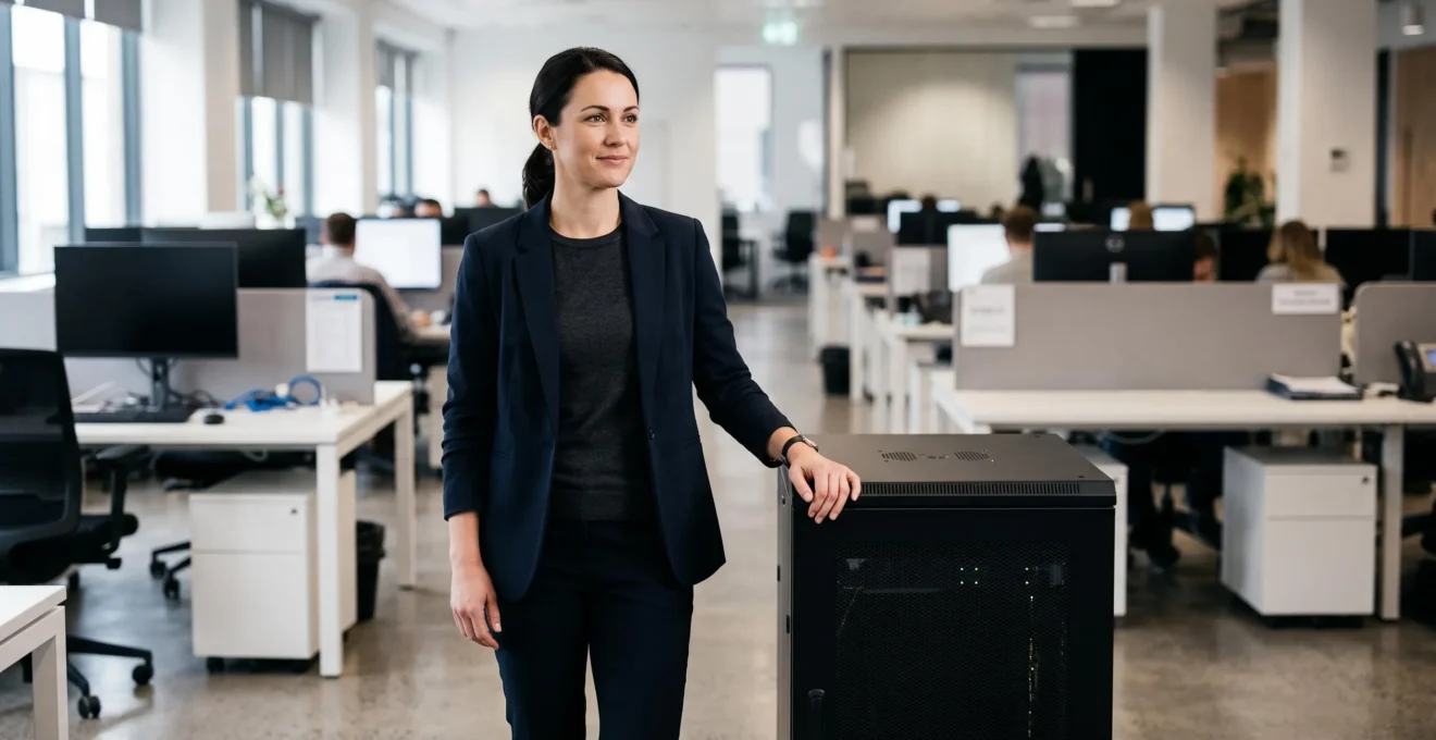 Bureau moderne avec plusieurs postes de travail connectés, symbolisant un réseau d'entreprise protégé et fluide