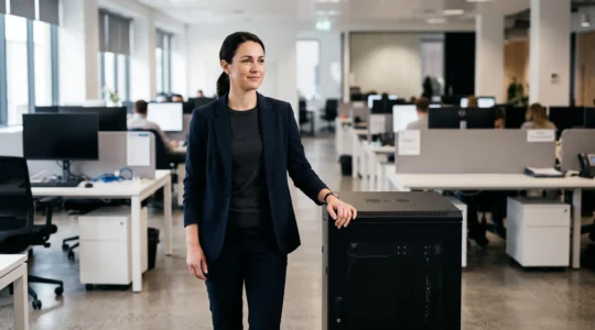 Bureau moderne avec plusieurs postes de travail connectés, symbolisant un réseau d'entreprise protégé et fluide